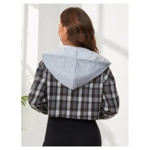 Camisa corta a cuadros Retro para mujer, cárdigan informal de manga larga con capucha, blusa fina, Tops cortos, nuevo estilo Camisa corta a cuadros Retro para mujer, cárdigan informal de manga larga con capucha, blusa fina, Tops cortos, nuevo estilo