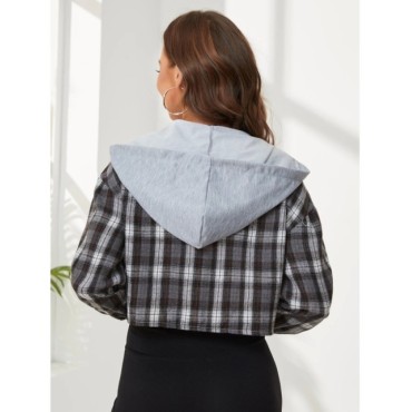 Camisa corta a cuadros Retro para mujer, cárdigan informal de manga larga con capucha, blusa fina, Tops cortos, nuevo estilo