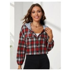 Camisa corta a cuadros Retro para mujer, cárdigan informal de manga larga con capucha, blusa fina, Tops cortos, nuevo estilo