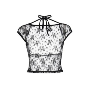 Top corto de encaje con cuello Halter para mujer, camiseta Sexy transparente con Espalda descubierta, camisetas ajustadas para m