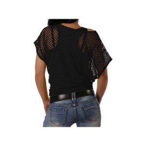 Camiseta de malla de rejilla para mujer, camisa Sexy con hombros descubiertos, Tops de manga corta de Color sólido, blusas calad