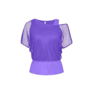 Camiseta de malla de rejilla para mujer, camisa Sexy con hombros descubiertos, Tops de manga corta de Color sólido, blusas calad
