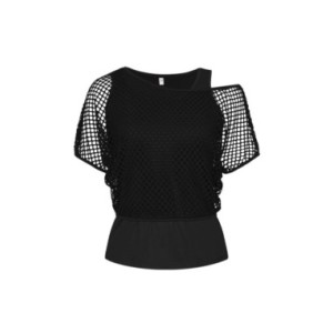 Camiseta de malla de rejilla para mujer, camisa Sexy con hombros descubiertos, Tops de manga corta de Color sólido, blusas calad