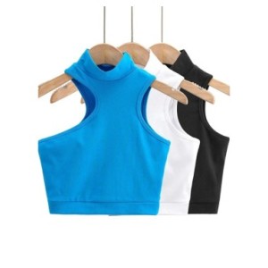 Top corto sin mangas con cuello alto y detalle de recorte para mujer, Top corto asimétrico activo