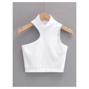 Top corto sin mangas con cuello alto y detalle de recorte para mujer, Top corto asimétrico activo