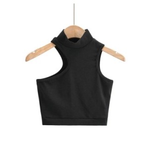 Top corto sin mangas con cuello alto y detalle de recorte para mujer, Top corto asimétrico activo
