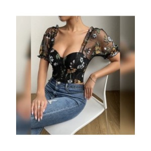 Vemina INS-Tops cortos de encaje para mujer, blusas de malla con cuello cuadrado, Espalda descubierta, bordado Floral, manga abu