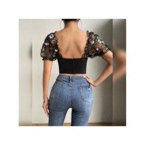 Vemina INS-Tops cortos de encaje para mujer, blusas de malla con cuello cuadrado, Espalda descubierta, bordado Floral, manga abu Vemina INS-Tops cortos de encaje para mujer, blusas de malla con cuello cuadrado, Espalda descubierta, bordado Floral, manga abu