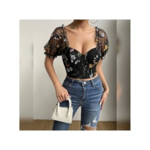 Vemina INS-Tops cortos de encaje para mujer, blusas de malla con cuello cuadrado, Espalda descubierta, bordado Floral, manga abu