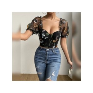 Vemina INS-Tops cortos de encaje para mujer, blusas de malla con cuello cuadrado, Espalda descubierta, bordado Floral, manga abu