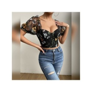 Vemina INS-Tops cortos de encaje para mujer, blusas de malla con cuello cuadrado, Espalda descubierta, bordado Floral, manga abu