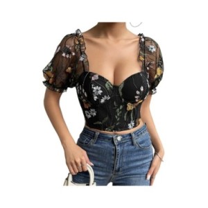 Vemina INS-Tops cortos de encaje para mujer, blusas de malla con cuello cuadrado, Espalda descubierta, bordado Floral, manga abu