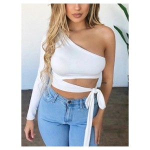 Camiseta ajustada de manga larga para mujer, top de un hombro con lazo, camiseta lisa elástica con hombros descubiertos, top cor