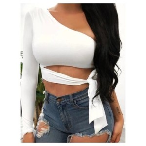 Camiseta ajustada de manga larga para mujer, top de un hombro con lazo, camiseta lisa elástica con hombros descubiertos, top cor