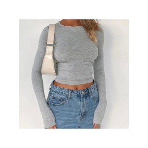Camisetas ajustadas de manga larga para mujer, Tops lisos informales con cuello redondo, jerséis básicos, ropa de calle Y2K, Bod
