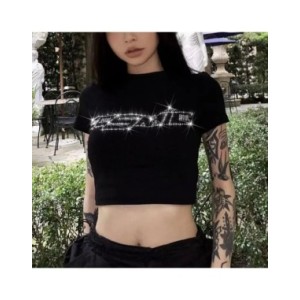 Camiseta gótica Vintage con diamantes de imitación para mujer, ropa de verano, cuello redondo, manga corta, ropa de calle, Top c