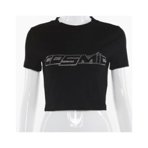 Camiseta gótica Vintage con diamantes de imitación para mujer, ropa de verano, cuello redondo, manga corta, ropa de calle, Top c