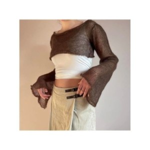 Tops cortos de punto de ganchillo para mujer, camisas de retazos de bloque de Color, Jersey colorido de arcoíris, ropa de calle,