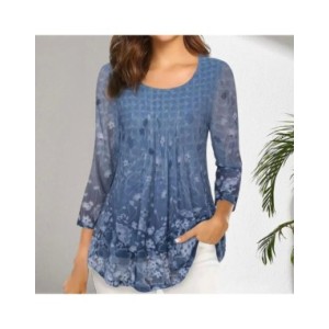 Blusa plisada de doble capa con estampado Floral para mujer, camisa de cuello redondo, ajustada, mangas 3/4