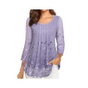 Blusa plisada de doble capa con estampado Floral para mujer, camisa de cuello redondo, ajustada, mangas 3/4