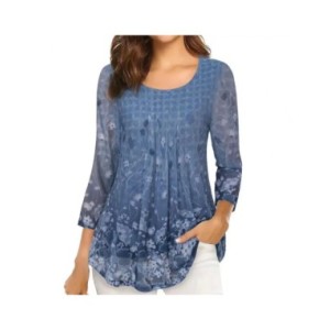 Blusa plisada de doble capa con estampado Floral para mujer, camisa de cuello redondo, ajustada, mangas 3/4