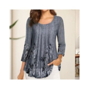 Blusa plisada de doble capa con estampado Floral para mujer, camisa de cuello redondo, ajustada, mangas 3/4