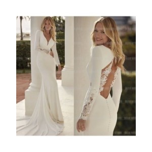Vestidos De Novia De manga larga para mujer, traje De sirena con escote en V, Espalda descubierta, satén, 2024 Vestidos De Novia De manga larga para mujer, traje De sirena con escote en V, Espalda descubierta, satén, 2024
