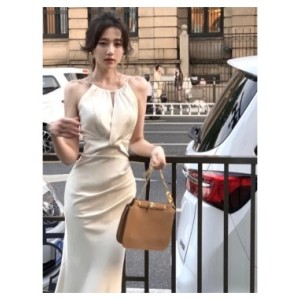 Vestido de sirena sin mangas para mujer, traje elegante, ajustado, cuello redondo, una pieza, 2023