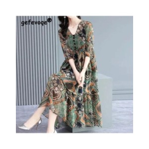 Vintage elegante estampado Floral botón gasa vestidos verano 2022 media manga cuello en V suelto pulóver Midi vestido señoras ro