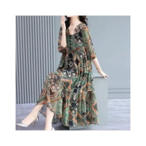 Vintage elegante estampado Floral botón gasa vestidos verano 2022 media manga cuello en V suelto pulóver Midi vestido señoras ro